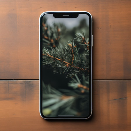 Detailed view of evergreen pine needles and twigs, set against a blurred natural backdrop, placed on a rustic wooden surface.の素材