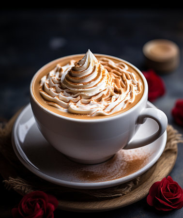 A refreshing coffee beverage featuring a swirl of whipped cream and a dusting of cinnamon, presented in a classic white cup on a saucer.の素材