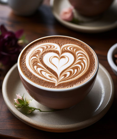 A beautiful overhead view of a creamy coffee with intricate heart-shaped latte art, accompanied by a small pink flower and a dark rose.の素材