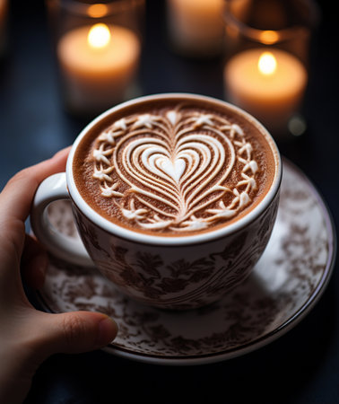 A close-up of a coffee cup with intricate heart latte art, held by a hand, set against a backdrop of romantic, softly focused candlelight.の素材