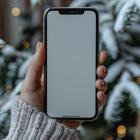 A person's hand, wearing a cozy knitted sweater, holds a sleek smartphone displaying a blank screen. A snowy Christmas tree with warm bokeh lights serves as the backdrop.の素材