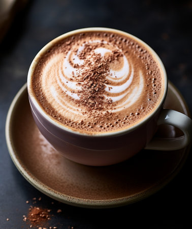 A beautifully crafted cappuccino with intricate foam art and a dusting of cocoa, served in a ceramic cup and saucer, showcasing a rich beverage experience.の素材
