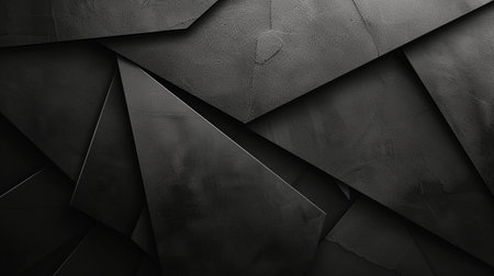 Monochromatic abstract background featuring overlapping dark geometric shapes with rough, textured surfaces and sharp angular edges.の素材