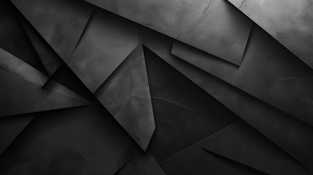An abstract dark background featuring sharp, overlapping geometric shapes with a textured, concrete-like surface and dramatic shadow effects.の素材
