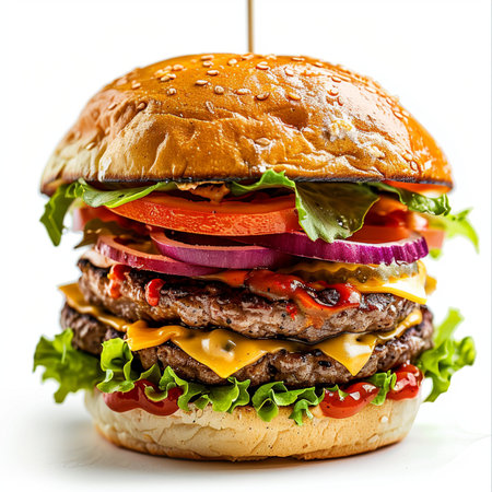A mouthwatering double cheeseburger stacked high with lettuce, tomato, red onion, pickles, and melted cheddar cheese on a toasted sesame seed bun.の素材