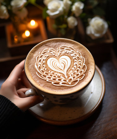 Close-up of a hand holding a coffee cup with heart latte art, in a warm setting with candles and roses.の素材