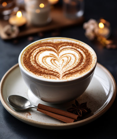 A warm cup of coffee with intricate heart-shaped latte art, dusted with cinnamon, and garnished with star anise and cinnamon sticks.の素材