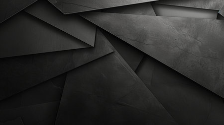 A dynamic composition of dark, textured geometric planes creating a modern, minimalist abstract background with a sense of depth and shadow.の素材