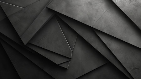 A dark abstract background featuring interlocking geometric shapes with sharp edges and a textured, concrete-like surface. Clean, modern, and minimalist.の素材