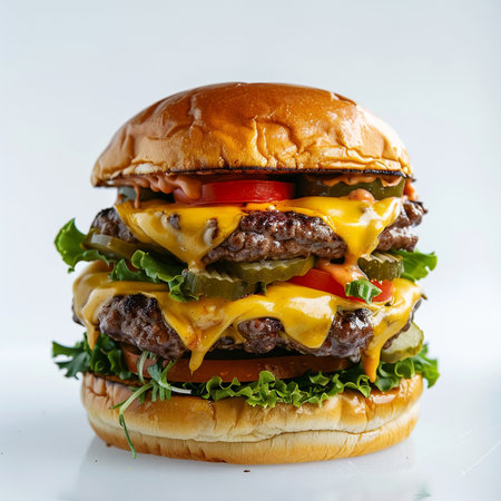 A mouthwatering double cheeseburger featuring two juicy beef patties, melted cheddar cheese, fresh lettuce, ripe tomatoes, and crisp pickles on a toasted bun.の素材