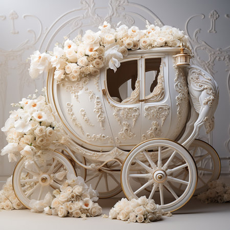 A fairytale white carriage, decorated with abundant white roses and orchids, evoking a sense of enchantment and elegance for special occasions.の素材