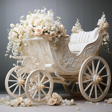 A luxurious white carriage, intricately decorated with a profusion of soft roses and floral arrangements, perfect for elegant occasions.の素材