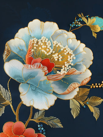 A detailed close-up of a beautifully embroidered peony flower with delicate pearl accents, set against a rich, dark blue fabric.の素材