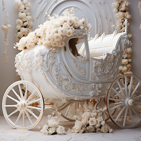 A beautifully ornate white carriage adorned with cream roses and gold detailing, evoking a sense of fairytale romance and luxury.の素材