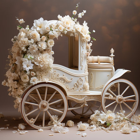 A beautifully crafted ivory carriage, elegantly decorated with numerous creamy white floral arrangements and loose petals on a neutral background.の素材