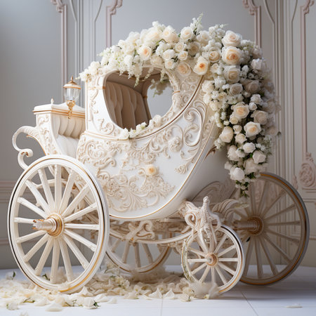 A stunning white vintage carriage, richly decorated with abundant white roses and floral accents, perfect for fairytale events.の素材