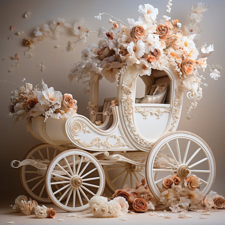 A vintage-inspired white carriage adorned with abundant peach and cream floral decorations, exuding classic elegance and romantic charm.の素材