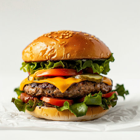 A mouthwatering, freshly prepared cheeseburger stacked with premium ingredients, presented on a soft sesame seed bun.の素材