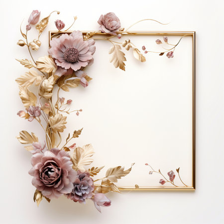 A sophisticated square frame featuring intricate gold detailing and luxurious floral accents in dusty rose and muted gold tones, set against a clean white background.の素材