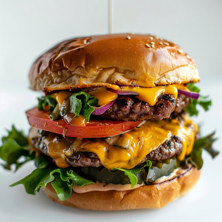 A close-up, appetizing shot of a double cheeseburger, stacked with juicy patties, melted cheese, fresh lettuce, tomato, onion, and pickles on a toasted sesame seed bun.の素材