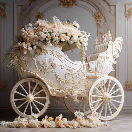 A luxurious white carriage embellished with ornate carvings and overflowing with delicate peach and cream roses, ideal for romantic events.の素材