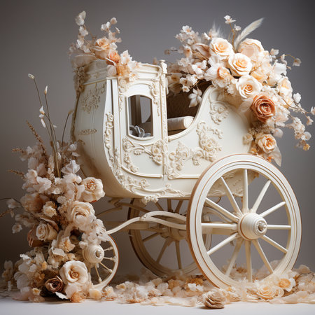 A beautifully decorated white carriage with intricate carvings, embellished with an abundance of cream and peach roses and blossoms.の素材