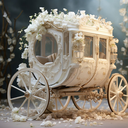 A luxurious white wedding carriage, intricately decorated with numerous white flowers, perfect for a fairytale event.の素材