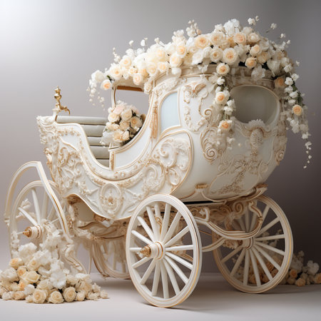 A beautifully decorated white carriage overflowing with delicate cream and white roses, perfect for capturing the essence of a romantic celebration.の素材