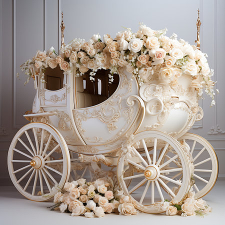 A majestic white carriage, richly decorated with a cascade of cream and peach roses and lush greenery, embodying luxury and romance.の素材