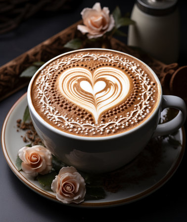 A close-up of a white coffee cup filled with latte art, featuring a heart design surrounded by intricate white lace and dotted patterns. Two blush roses adorn the saucer.の素材