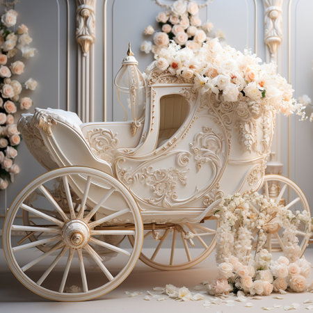 An ornate white carriage, overflowing with roses and blossoms, evokes a sense of fairytale romance and elegance.の素材
