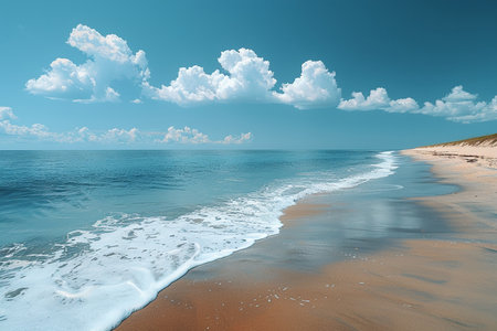 A serene beach scene with calm ocean water meeting a sandy shore under a bright blue sky with fluffy clouds. Peaceful coastal landscape.の素材