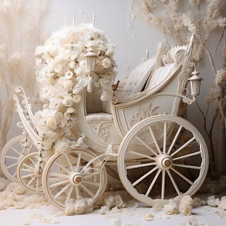 A luxurious vintage carriage decorated with abundant white flowers and intricate ornamental details, perfect for romantic events.の素材