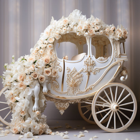 A magical white carriage, intricately decorated with a profusion of delicate peach and cream roses and verdant foliage, evoking a fairytale ambiance.の素材