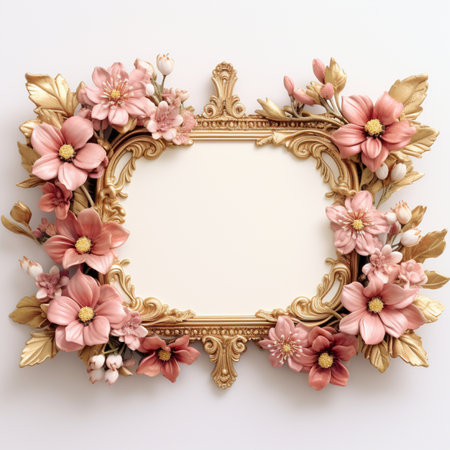 A vintage-style ornate golden oval frame, richly decorated with blooming pink and peach flowers and delicate green leaves, set against a clean white background.の素材