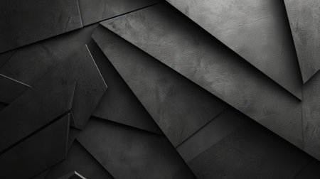 A modern abstract dark gray background featuring sharp geometric shapes, creating a sense of depth with contrasting light and shadow.の素材