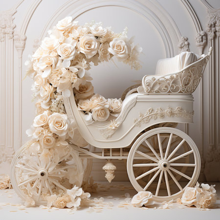 A luxurious white carriage, lavishly decorated with cream roses and intricate floral details, set against a textured backdrop.の素材