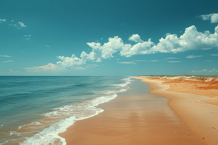 A serene and beautiful golden sand beach stretches into the distance, meeting the gentle waves of the blue ocean under a clear sky with scattered white clouds.の素材