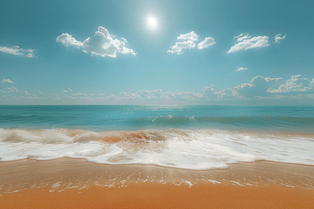 A serene tropical beach scene with golden sand, clear turquoise ocean water, and a brilliant sun in a blue sky with white clouds.の素材