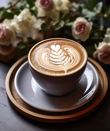 A beautifully crafted cappuccino with intricate latte art, presented in a white cup on a saucer and a rustic wooden tray, perfect for coffee enthusiasts.の素材