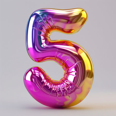 A shimmering metallic balloon shaped like the number 5, featuring a vibrant iridescent rainbow color spectrum on a clean light gray surface.の素材