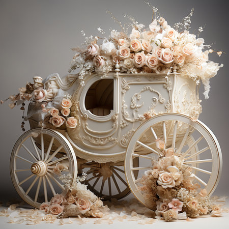 A vintage-style carriage overflowing with beautiful blush and cream roses, creating a romantic and elegant display.の素材