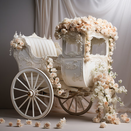 A beautifully decorated white carriage, embellished with an abundance of peach and cream roses, creating a romantic and luxurious aesthetic.の素材