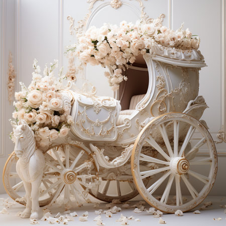 An ornate white horse-drawn carriage decorated with abundant cream and peach roses and lush floral bouquets.の素材