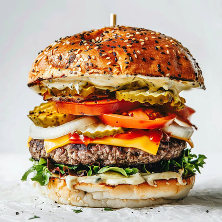 A delicious and juicy double cheeseburger with fresh lettuce, tomato, onions, pickles, cheese, and sauce on a toasted sesame seed bun.の素材