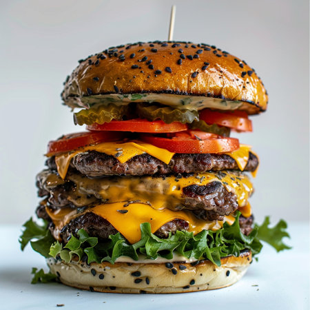 A delicious, towering quadruple cheeseburger featuring juicy beef patties, melted cheddar cheese, crisp lettuce, and fresh tomato slices on a toasted sesame seed bun.の素材
