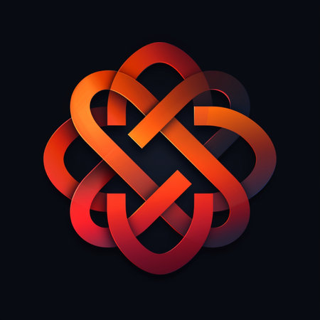 An abstract, stylized knot formed from interlocking red and orange gradient heart shapes, presented on a dark, minimalist background.の素材