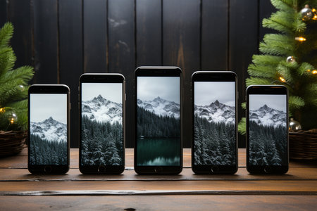 A row of five iPhones showcasing a serene winter mountain scene with snow-capped peaks and a dense pine forest.の素材
