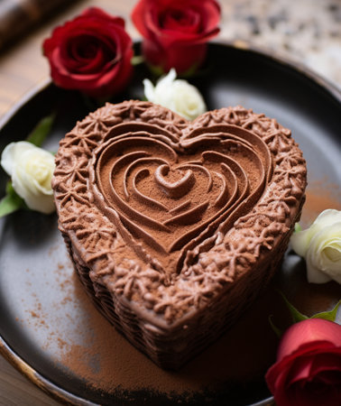 A beautifully crafted chocolate heart-shaped cake, adorned with intricate frosting and cocoa dust, presented with elegant red and white roses.の素材