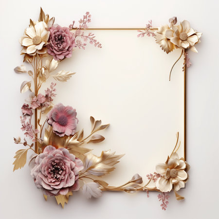 A square golden frame decorated with a beautiful arrangement of pink and gold flowers and leaves on a plain white backdrop.の素材